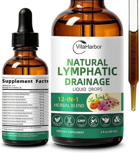 VitaHarbor Lymphatic Drainage Supplements, 12-in-1 Lymphatic Drainage Drops with Echinacea, Burdock, Dandelion, Cleavers, Elderberry, Calendula & More for Lymphatic Support & Immune Support, 2 FL OZ in Kuwait