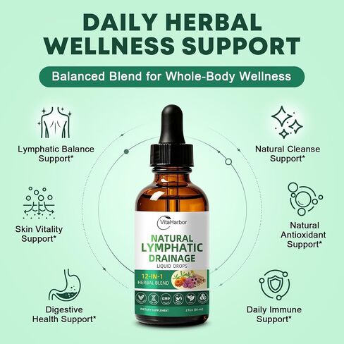 VitaHarbor Lymphatic Drainage Supplements, 12-in-1 Lymphatic Drainage Drops with Echinacea, Burdock, Dandelion, Cleavers, Elderberry, Calendula & More for Lymphatic Support & Immune Support, 2 FL OZ in Kuwait