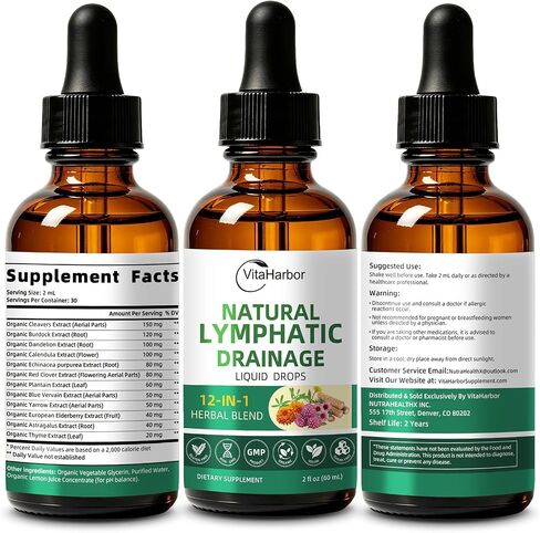 VitaHarbor Lymphatic Drainage Supplements, 12-in-1 Lymphatic Drainage Drops with Echinacea, Burdock, Dandelion, Cleavers, Elderberry, Calendula & More for Lymphatic Support & Immune Support, 2 FL OZ in Kuwait