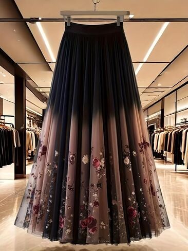 Women's Ombre Floral Print Tulle Maxi Skirt, High Waist Pleated A-Line Flowy Skirt for Wedding Guest Evening Party, XS-XXL in Kuwait