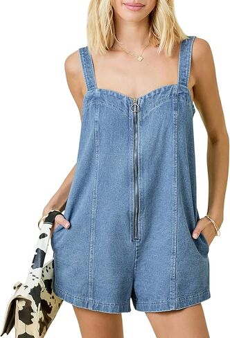 PHISOCKAT Denim Romper for Women Zip-Front Loose Fit Overalls Shorts Adjustable Straps Jean Romper With Pockets Summer 2026 in Saudi Arabia