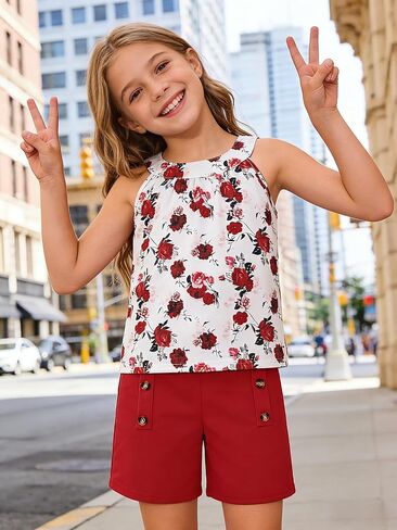 Girls Clothes Summer Neck Sleeveless Floral Top & Shorts Fashion Kids 2PCS Outfits Teen Girls' Clothing Sets 7-14Y in Kuwait