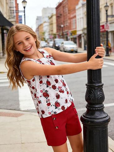 Girls Clothes Summer Neck Sleeveless Floral Top & Shorts Fashion Kids 2PCS Outfits Teen Girls' Clothing Sets 7-14Y in Kuwait