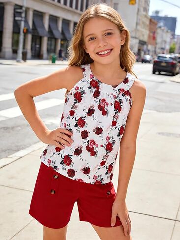 Girls Clothes Summer Neck Sleeveless Floral Top & Shorts Fashion Kids 2PCS Outfits Teen Girls' Clothing Sets 7-14Y in Kuwait