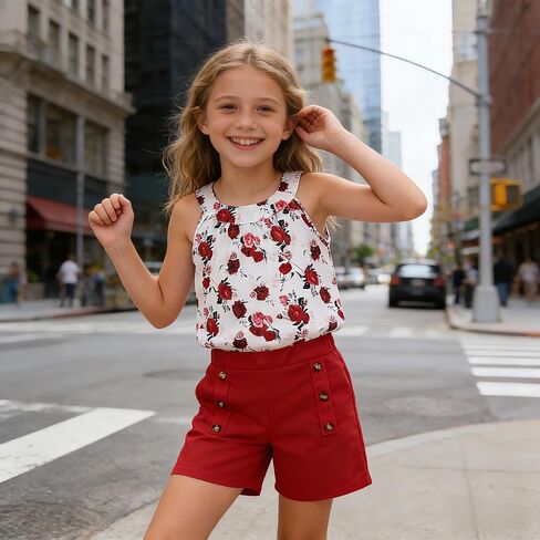 Girls Clothes Summer Neck Sleeveless Floral Top & Shorts Fashion Kids 2PCS Outfits Teen Girls' Clothing Sets 7-14Y in Kuwait