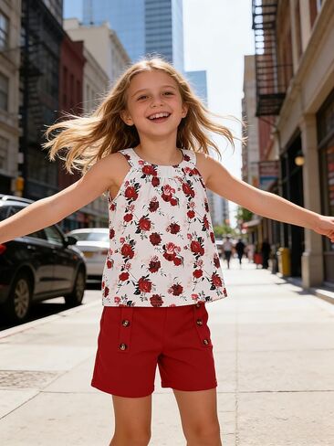 Girls Clothes Summer Neck Sleeveless Floral Top & Shorts Fashion Kids 2PCS Outfits Teen Girls' Clothing Sets 7-14Y in Kuwait