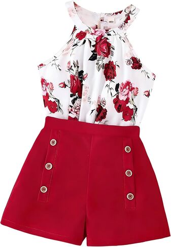 Girls Clothes Summer Neck Sleeveless Floral Top & Shorts Fashion Kids 2PCS Outfits Teen Girls' Clothing Sets 7-14Y in Kuwait