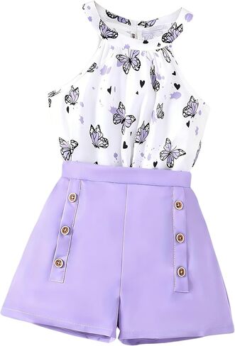 Girls Clothes Summer Neck Sleeveless Floral Top & Shorts Fashion Kids 2PCS Outfits Teen Girls' Clothing Sets 7-14Y in Kuwait