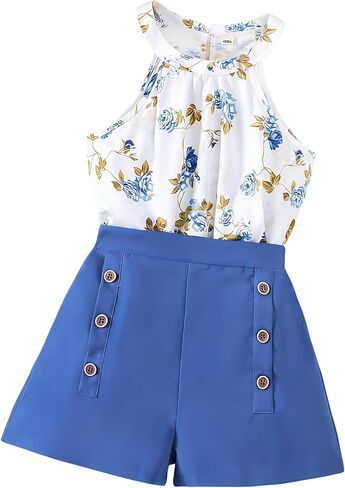 Girls Clothes Summer Neck Sleeveless Floral Top & Shorts Fashion Kids 2PCS Outfits Teen Girls' Clothing Sets 7-14Y in Kuwait