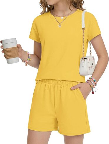 Girls Summer 2 Piece Outfits Casual Kids Lounge Sets Shorts Sleeve Tops and Elastic Waist Shorts with Pockets 2026 New in Kuwait
