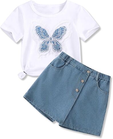 Girls Clothes Butterfly Print Short Sleeve T-Shirt Denim Skirt Shorts Set Teen Tween Girls 2PCS Summer Outfits Set in Kuwait