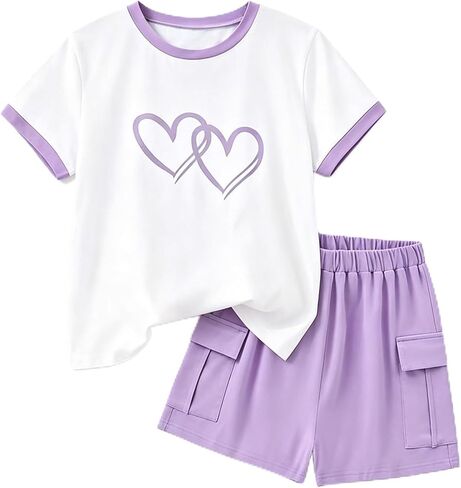 2 Pieces Girl Clothes Summer, Cute Heart Print Tops & Shorts Sets with Pockets for Kid 7-14 Years in Saudi Arabia