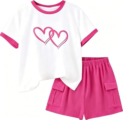 2 Pieces Girl Clothes Summer, Cute Heart Print Tops & Shorts Sets with Pockets for Kid 7-14 Years in Saudi Arabia