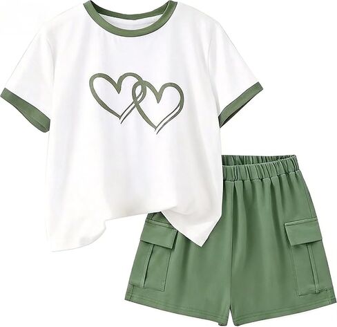 2 Pieces Girl Clothes Summer, Cute Heart Print Tops & Shorts Sets with Pockets for Kid 7-14 Years in Saudi Arabia
