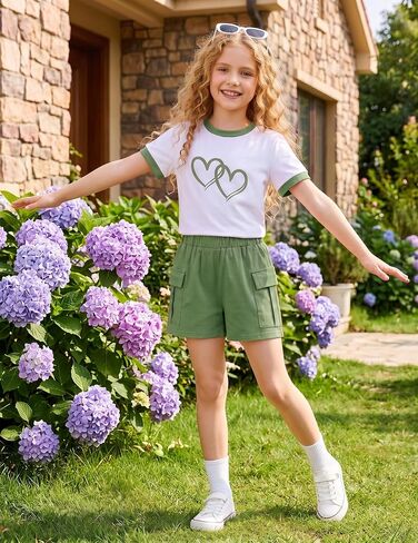 2 Pieces Girl Clothes Summer, Cute Heart Print Tops & Shorts Sets with Pockets for Kid 7-14 Years in Saudi Arabia