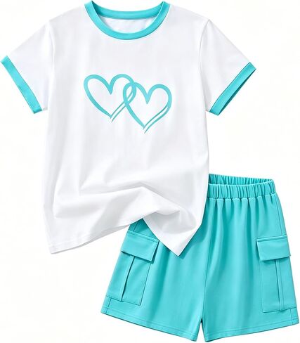 2 Pieces Girl Clothes Summer, Cute Heart Print Tops & Shorts Sets with Pockets for Kid 7-14 Years in Saudi Arabia