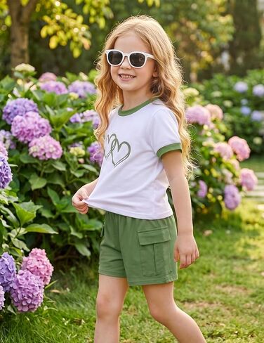 2 Pieces Girl Clothes Summer, Cute Heart Print Tops & Shorts Sets with Pockets for Kid 7-14 Years in Saudi Arabia