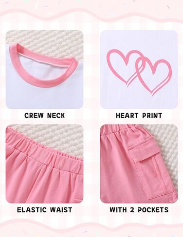 2 Pieces Girl Clothes Summer, Cute Heart Print Tops & Shorts Sets with Pockets for Kid 7-14 Years in Saudi Arabia