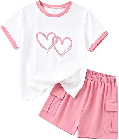2 Pieces Girl Clothes Summer, Cute Heart Print Tops & Shorts Sets with Pockets for Kid 7-14 Years in Saudi Arabia