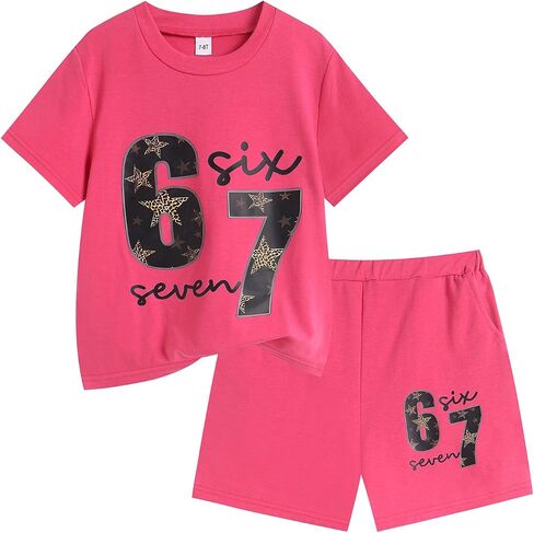 Girls 2 Piece Outfits Short Sleeve Graphic T Shirt and Shorts Set Casual Wear Summer Clothes Size 7-14 in Kuwait