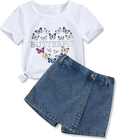 Girls Summer Clothes Butterfly Print Short Sleeve Tops and Denim Skirt Shorts Set Cute Outfits for Kids Girls 6-12Y in Saudi Arabia