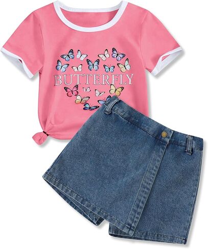 Girls Summer Clothes Butterfly Print Short Sleeve Tops and Denim Skirt Shorts Set Cute Outfits for Kids Girls 6-12Y in Saudi Arabia