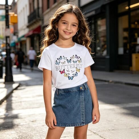 Girls Summer Clothes Butterfly Print Short Sleeve Tops and Denim Skirt Shorts Set Cute Outfits for Kids Girls 6-12Y in Saudi Arabia