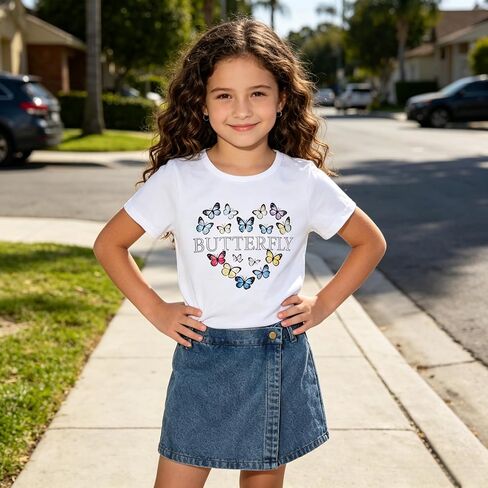 Girls Summer Clothes Butterfly Print Short Sleeve Tops and Denim Skirt Shorts Set Cute Outfits for Kids Girls 6-12Y in Saudi Arabia