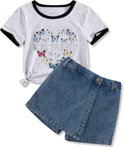 Girls Summer Clothes Butterfly Print Short Sleeve Tops and Denim Skirt Shorts Set Cute Outfits for Kids Girls 6-12Y in Saudi Arabia
