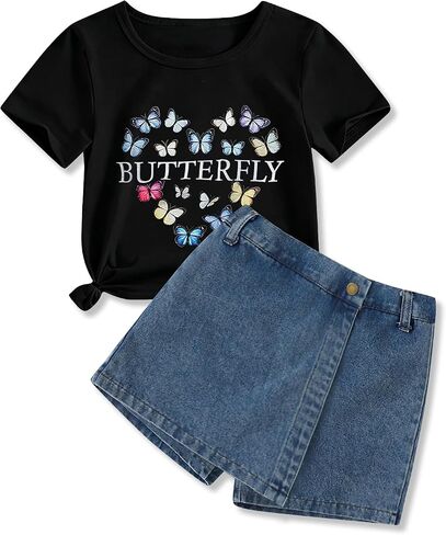 Girls Summer Clothes Butterfly Print Short Sleeve Tops and Denim Skirt Shorts Set Cute Outfits for Kids Girls 6-12Y in Saudi Arabia