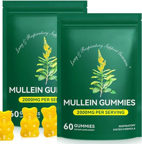 2 Pack Mullein Gummies for Lungs, 2000mg Mullein Leaf Extract for Respiratory & Digestive & Immune Support, Natural Herbal Supplement, Pear Flavor Gummies 60 Gummies in Saudi Arabia