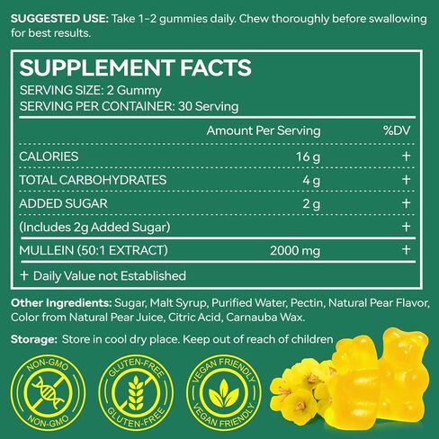 2 Pack Mullein Gummies for Lungs, 2000mg Mullein Leaf Extract for Respiratory & Digestive & Immune Support, Natural Herbal Supplement, Pear Flavor Gummies 60 Gummies in Saudi Arabia