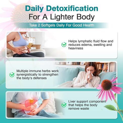 Lymphatic Drainage Supplements - Lymphatic System Support, Fluid Balance, Immune Support - Natural Lymphatic Cleanse & Detox Capsules with Dandelion, Echinacea, Burdock & More, 90 Capsules in Saudi Arabia