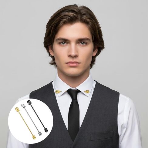 3 PCS Collar Pins for Men Zinc Alloy Shirt Collar Bar Tie Pin Set Collars Clips for Men Dress Shirts Tie Collars Bar Ball Clasp Lapel Stick Brooch for Wedding Business Silver Gold Black in Kuwait