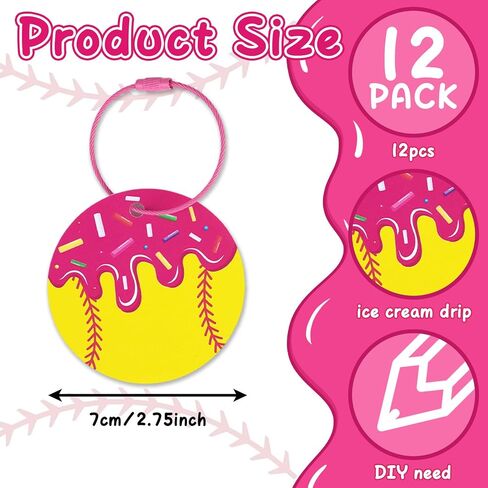 12Pcs Pink Ice Cream Drip Softball Luggage Tags, 2.75 Inch Travel Suitcase Labels with Metal Ring, PVC Name Id and DIY Softball Keychain for Travel Bag, Charm Gifts for Girls, Team, Fans in Saudi Arabia