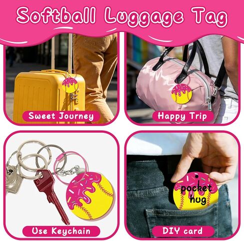 12Pcs Pink Ice Cream Drip Softball Luggage Tags, 2.75 Inch Travel Suitcase Labels with Metal Ring, PVC Name Id and DIY Softball Keychain for Travel Bag, Charm Gifts for Girls, Team, Fans in Saudi Arabia