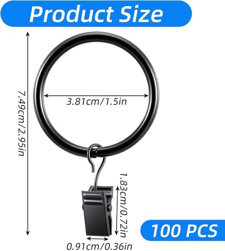 Kenaoeoe 100 Pack Openable Curtain Rings with Clips Open Drapery Rings with Hooks Curtain Clips 1.5 Inch Interior Diameter for Rods Up to 1.2 Inch, Black in Saudi Arabia