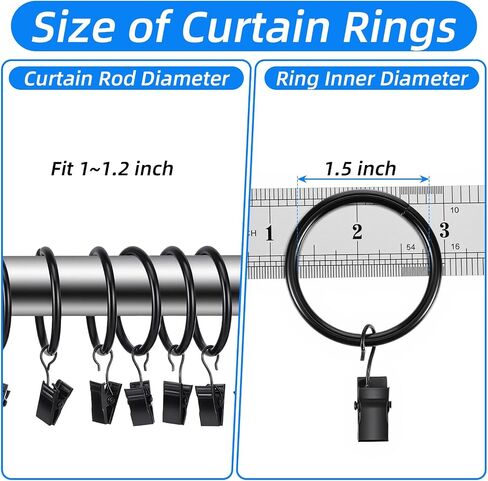 Kenaoeoe 100 Pack Openable Curtain Rings with Clips Open Drapery Rings with Hooks Curtain Clips 1.5 Inch Interior Diameter for Rods Up to 1.2 Inch, Black in Saudi Arabia