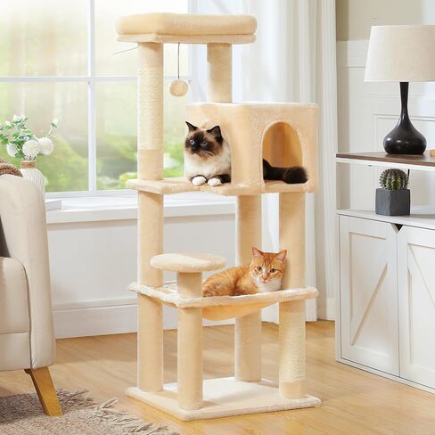 Cat Tree for Large Cats Adult with Metal Plush Big Hammock, 56.3" Cat Tower with 2 Door Condo House, 6-Tier Cat Shelves with Scratching Posts and Large Top Perch, Beige in Saudi Arabia