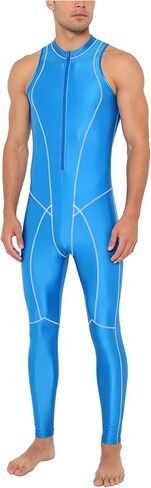 Oil Silky Bodysuit for Men Glossy Jumpsuit for Men Shiny Satin Glossy Zipper Front Clubwear Beachwear Blue Large in Saudi Arabia