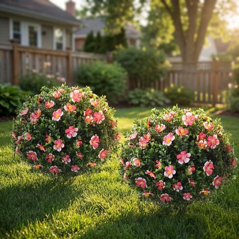 Yunlly Set of 2 Large Artificial Boxwood Topiary Ball Trees with Flower Outdoor, 23.6 x 15.7 UV Resistant Faux Greenery Shrub with Ground Spike for Spring Garden Porch Yard Patio(Pink and White) in Kuwait