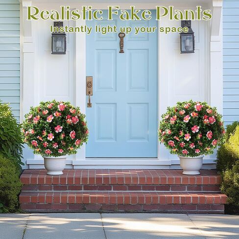 Yunlly Set of 2 Large Artificial Boxwood Topiary Ball Trees with Flower Outdoor, 23.6 x 15.7 UV Resistant Faux Greenery Shrub with Ground Spike for Spring Garden Porch Yard Patio(Pink and White) in Kuwait