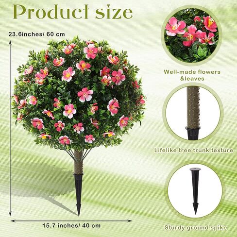 Yunlly Set of 2 Large Artificial Boxwood Topiary Ball Trees with Flower Outdoor, 23.6 x 15.7 UV Resistant Faux Greenery Shrub with Ground Spike for Spring Garden Porch Yard Patio(Pink and White) in Kuwait