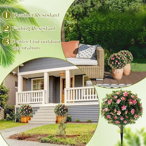 Yunlly Set of 2 Large Artificial Boxwood Topiary Ball Trees with Flower Outdoor, 23.6 x 15.7 UV Resistant Faux Greenery Shrub with Ground Spike for Spring Garden Porch Yard Patio(Pink and White) in Kuwait