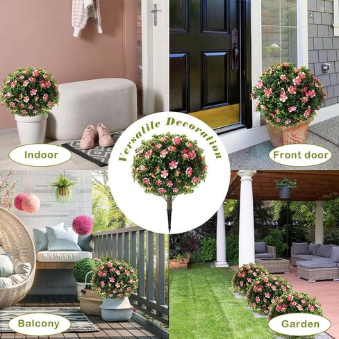 Yunlly Set of 2 Large Artificial Boxwood Topiary Ball Trees with Flower Outdoor, 23.6 x 15.7 UV Resistant Faux Greenery Shrub with Ground Spike for Spring Garden Porch Yard Patio(Pink and White) in Kuwait