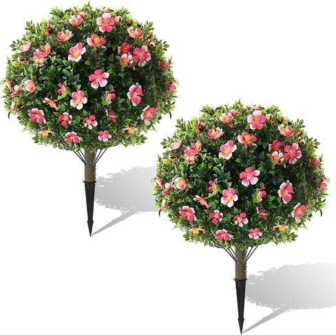 Yunlly Set of 2 Large Artificial Boxwood Topiary Ball Trees with Flower Outdoor, 23.6 x 15.7 UV Resistant Faux Greenery Shrub with Ground Spike for Spring Garden Porch Yard Patio(Pink and White) in Kuwait