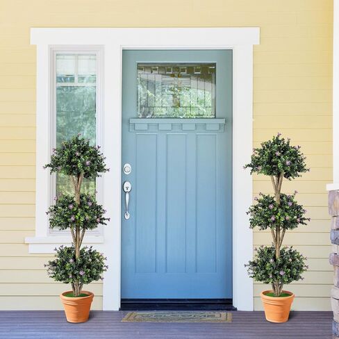 Goplus 51" Artificial Triple Ball Boxwood Topiary Tree, Faux Bush Plant with 59 Blossoms, Cement-Filled Plastic Pot, Sun-Resistant Indoor Outdoor Fake Greenery for Porch Home Decoration Housewarming in Kuwait