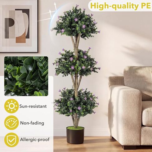 Goplus 51" Artificial Triple Ball Boxwood Topiary Tree, Faux Bush Plant with 59 Blossoms, Cement-Filled Plastic Pot, Sun-Resistant Indoor Outdoor Fake Greenery for Porch Home Decoration Housewarming in Kuwait