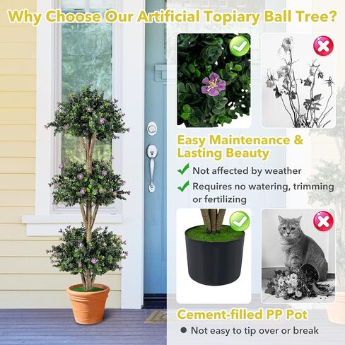 Goplus 51" Artificial Triple Ball Boxwood Topiary Tree, Faux Bush Plant with 59 Blossoms, Cement-Filled Plastic Pot, Sun-Resistant Indoor Outdoor Fake Greenery for Porch Home Decoration Housewarming in Kuwait