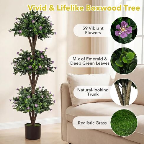 Goplus 51" Artificial Triple Ball Boxwood Topiary Tree, Faux Bush Plant with 59 Blossoms, Cement-Filled Plastic Pot, Sun-Resistant Indoor Outdoor Fake Greenery for Porch Home Decoration Housewarming in Kuwait